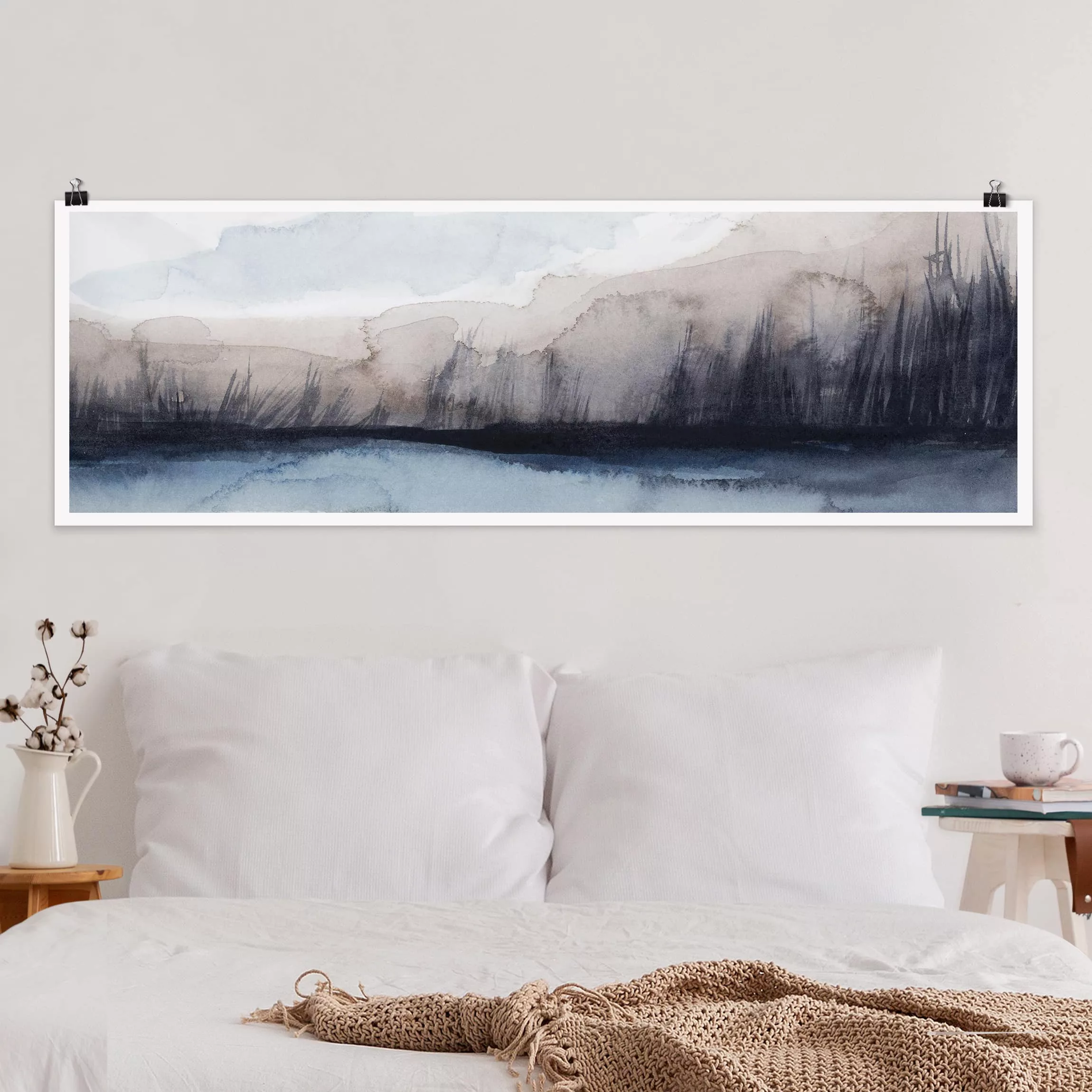 Panorama Poster Abstrakt Seeufer mit Bergen I günstig online kaufen
