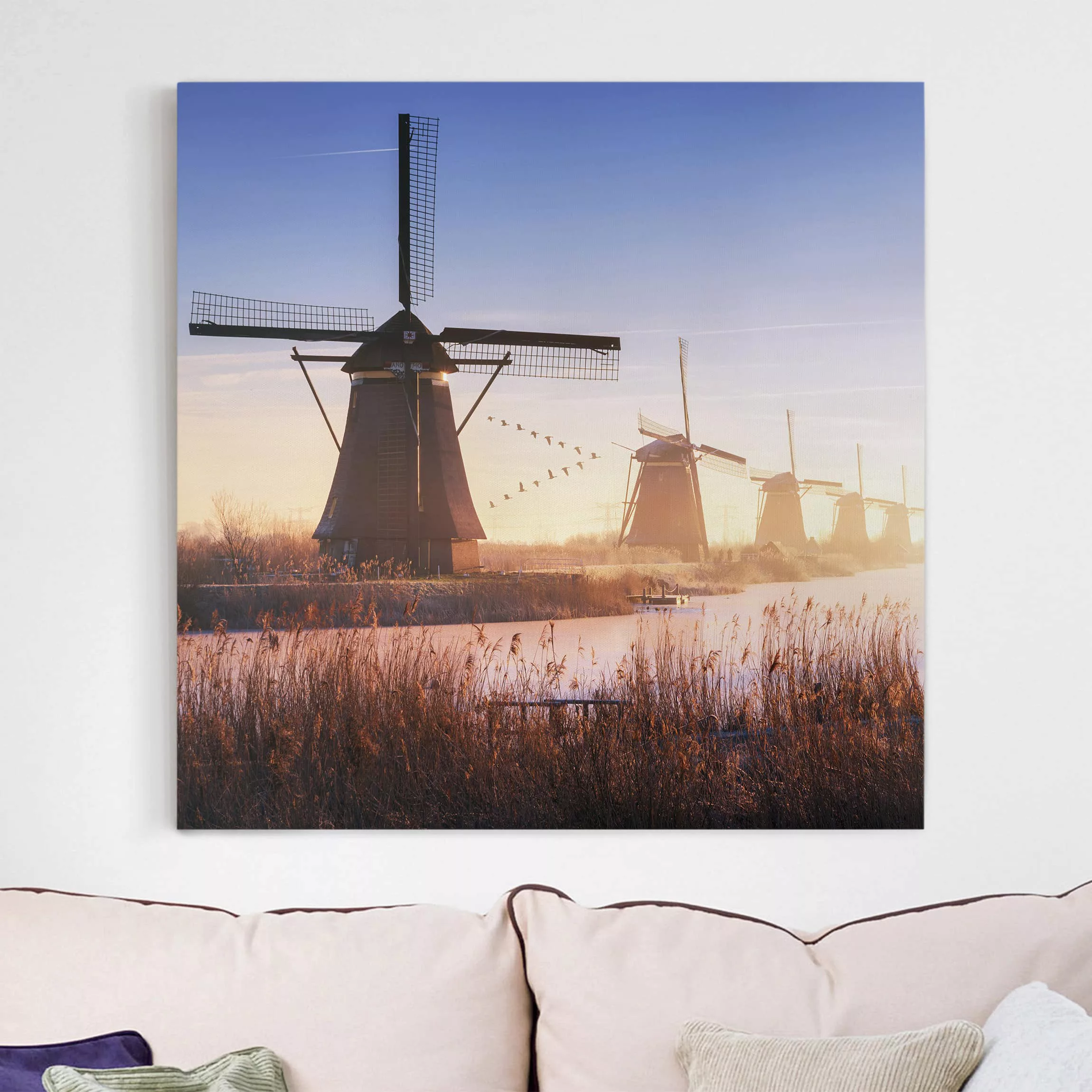 Leinwandbild Architektur & Skyline - Quadrat Windmühlen von Kinderdijk günstig online kaufen