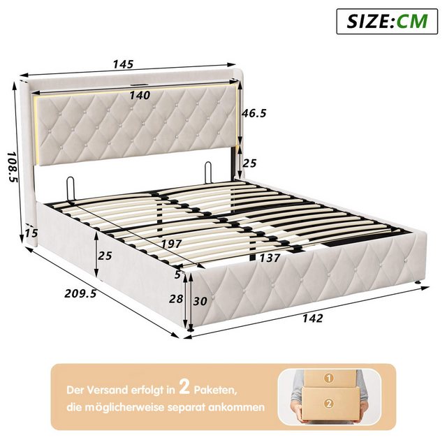 Furnishings Home Polsterbett hydraulisches Doppelbett mit Stauraum & LED-Li günstig online kaufen