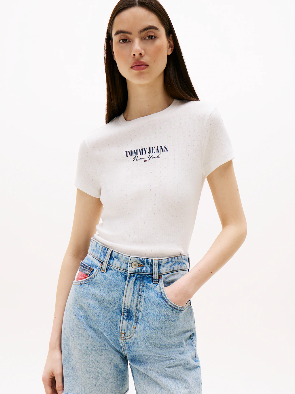 Tommy Jeans Kurzarmshirt "TJW SLIM LOGO 2 POINTELLE TEE" günstig online kaufen