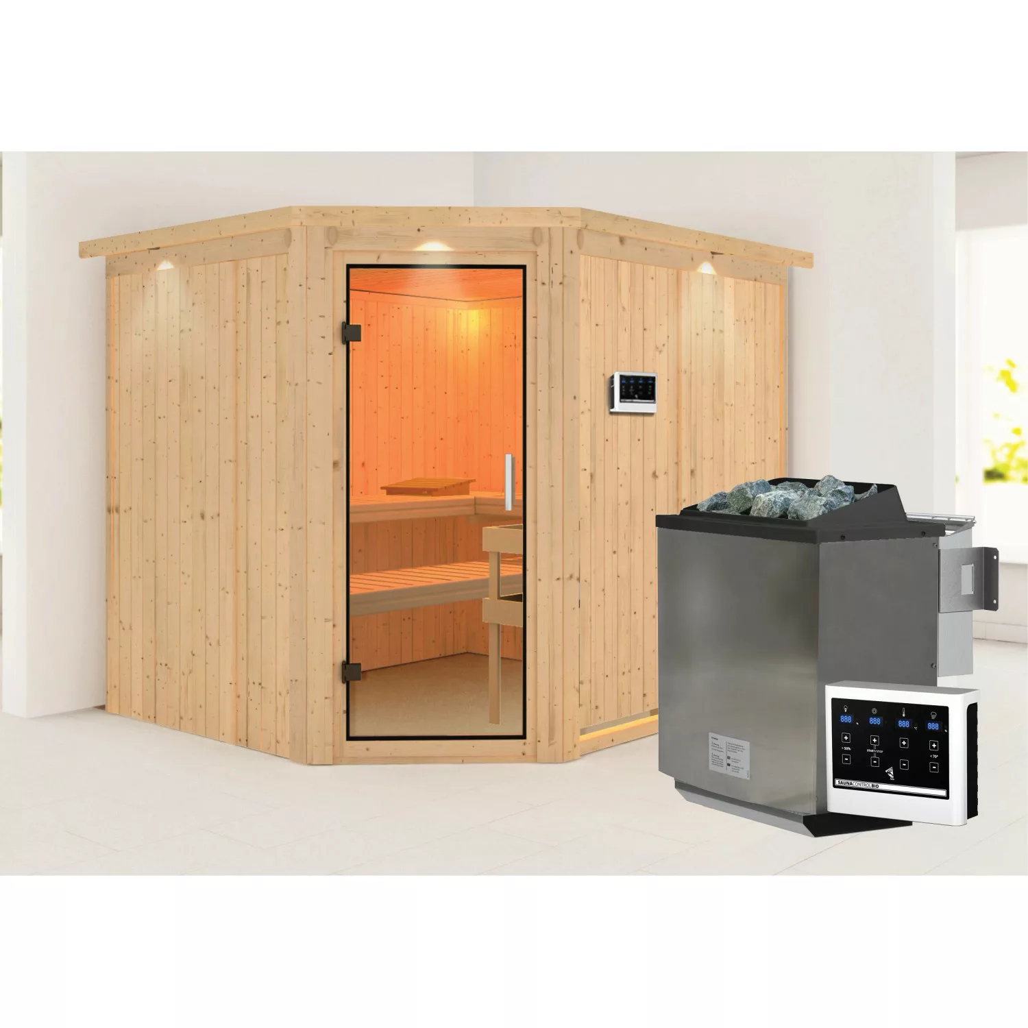 Karibu Sauna mit Bio-Ofen externe Stg.Easy LED-Dachkranz Natur günstig online kaufen