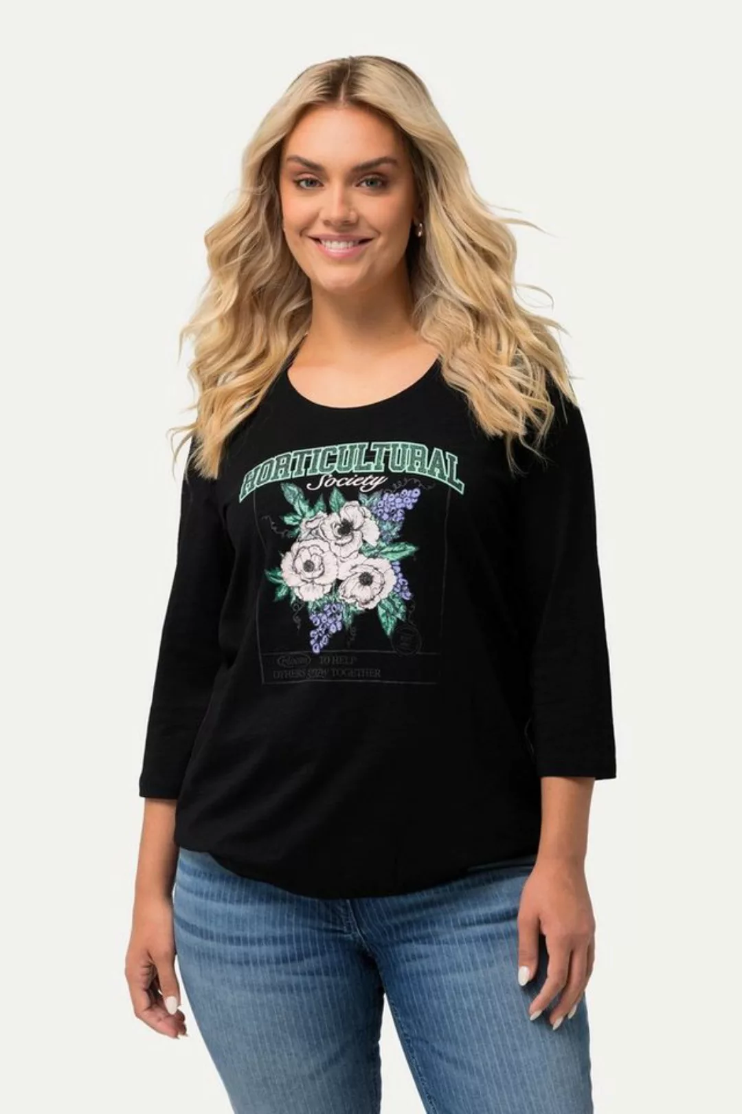 Ulla Popken Rundhalsshirt Shirt Blumenmotiv Gummisaum Rundhals 3/4-Arm günstig online kaufen