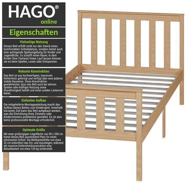HAGO Bettgestell Einzelbett 90x200cm Natur Bettrahmen Jugendbett Kinderbett günstig online kaufen