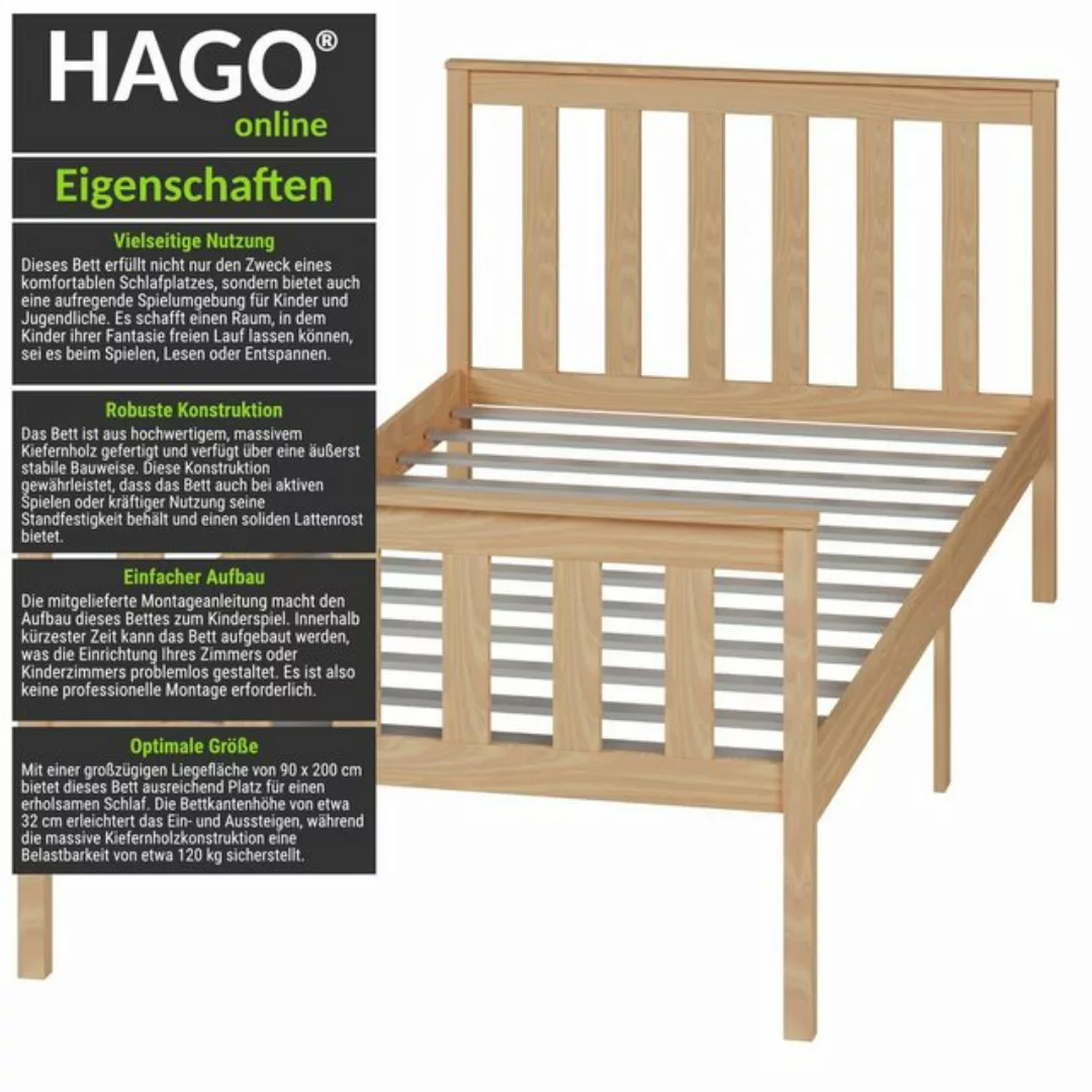 HAGO Bettgestell Kinderbett Jugendbett 90x200 Natur Holz Kiefer Lattenrost günstig online kaufen