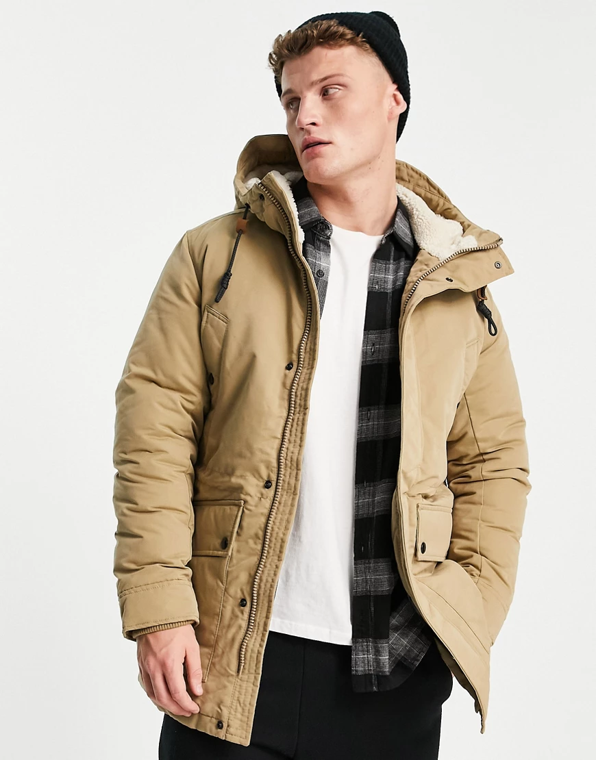 Jack & Jones – Essentials – Parka in Beige mit Kapuze mit Fleece-Futter-Neu günstig online kaufen