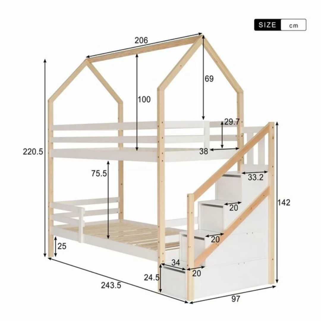 Celya Kinderbett Doppelbett, 90 x 200 cm, Leiterschrank, Kiefernholz Haus B günstig online kaufen