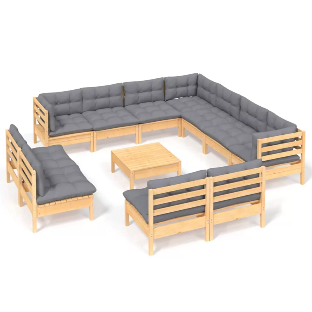 12-tlg. Garten-lounge-set Mit Grauen Kissen Massivholz Kiefer günstig online kaufen