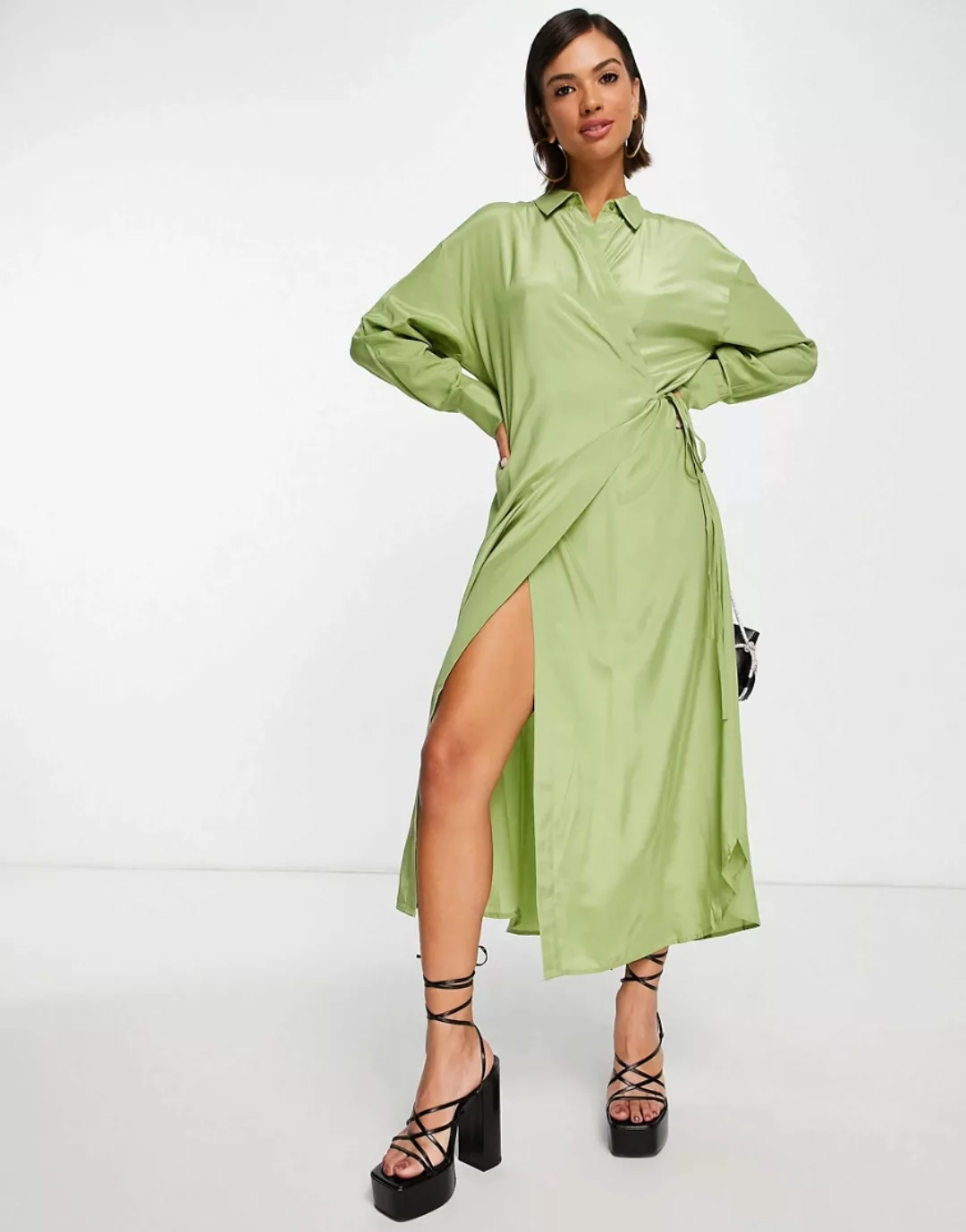 Mango – Wickelkleid in Salbeigrün mit Bindedetail günstig online kaufen