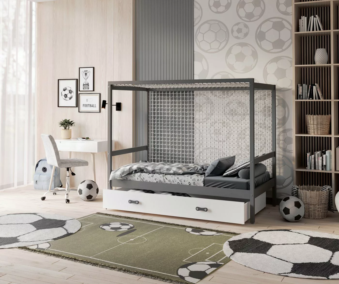 AJKmeble Jugendbett Fussball Fußball Tor ohne Netz Kinderbett 80x160cm Natu günstig online kaufen