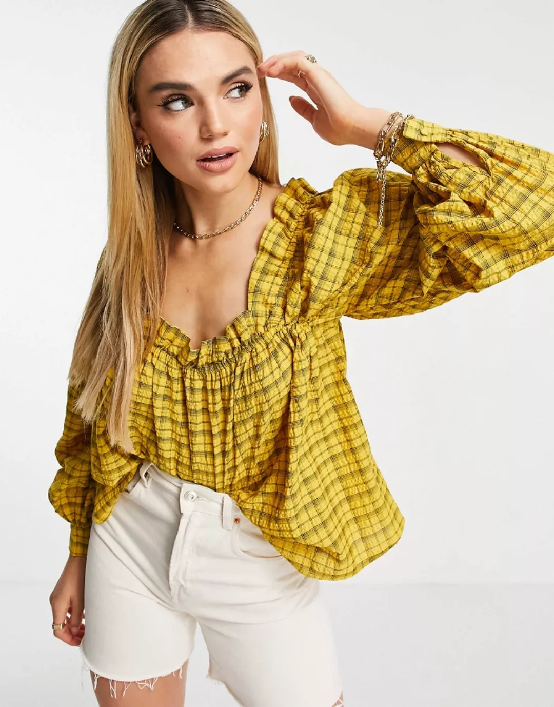 Selected Femme – Traumhafte Bluse in Gelb kariert mit eckigem Ausschnitt un günstig online kaufen