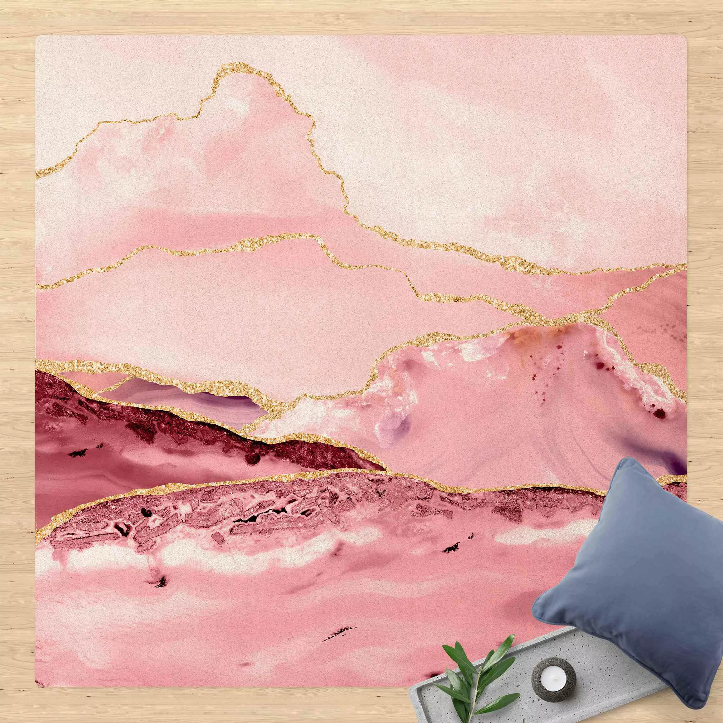 Kork-Teppich Abstrakte Berge Rosa mit Goldenen Linien günstig online kaufen