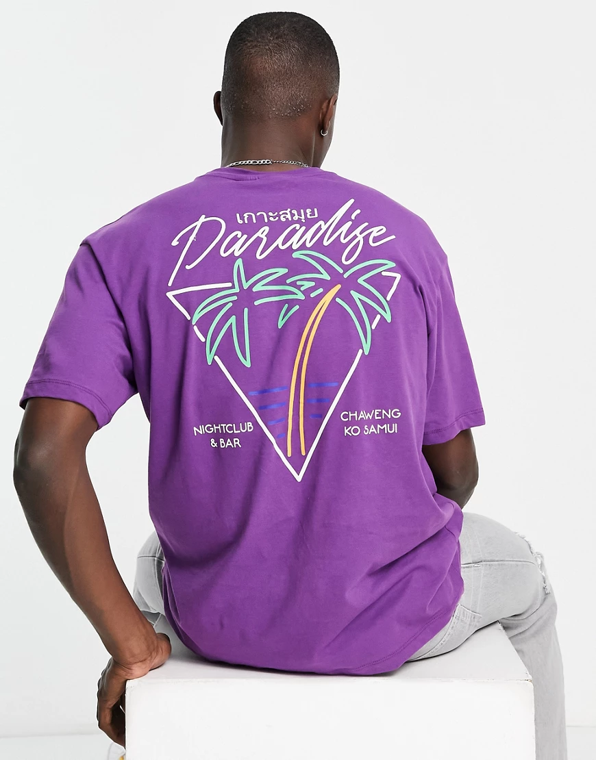 Only & Sons – Oversize-T-Shirt in Lila mit „Paradise“-Print hinten-Violett günstig online kaufen