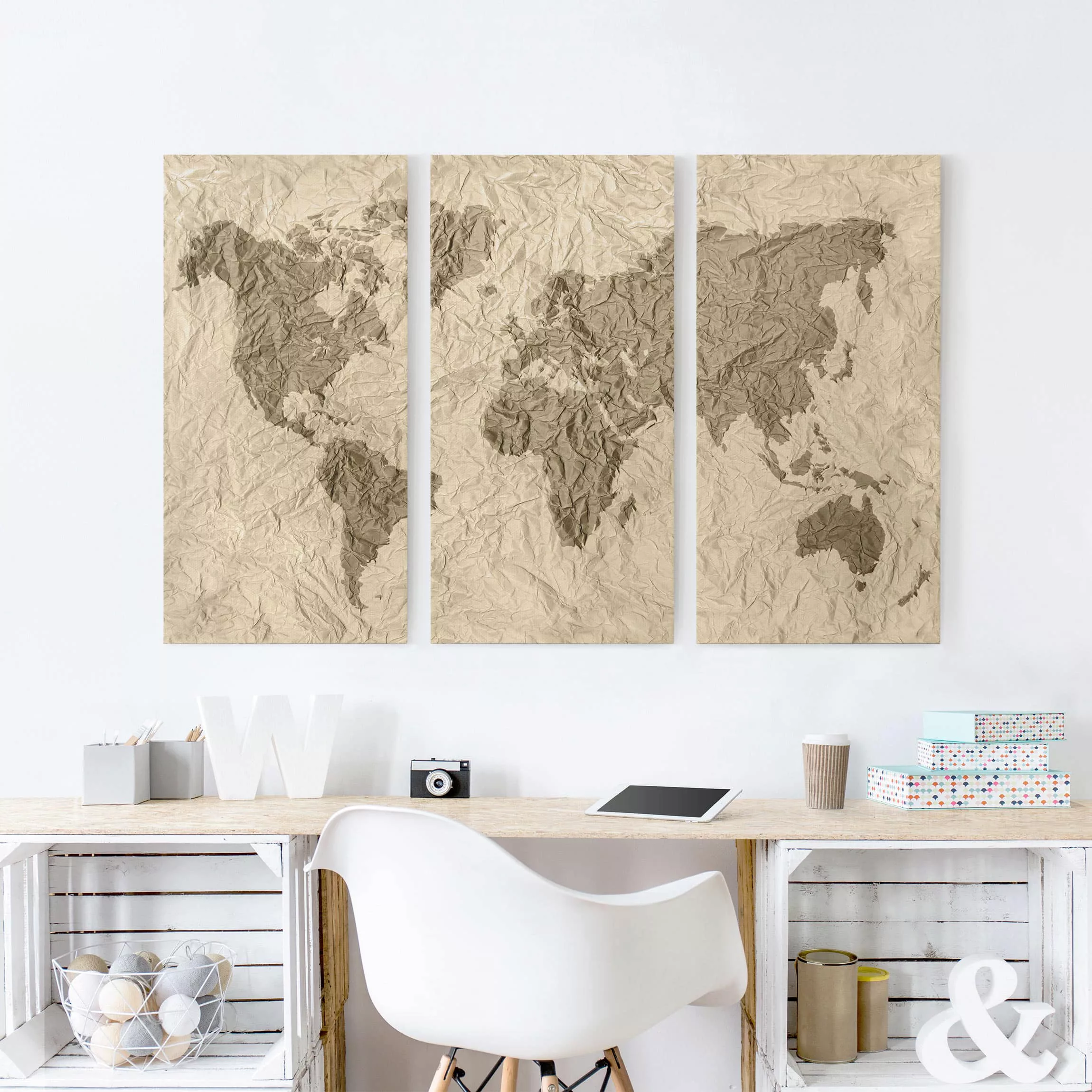 3-teiliges Leinwandbild Weltkarte - Querformat Papier Weltkarte Beige Braun günstig online kaufen