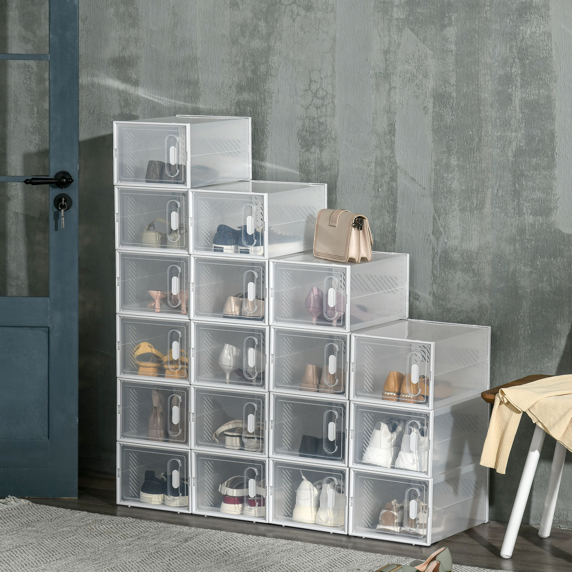 HOMCOM Set von 18 modularen Schuhablageboxen mit transparenten Türen - Maße günstig online kaufen