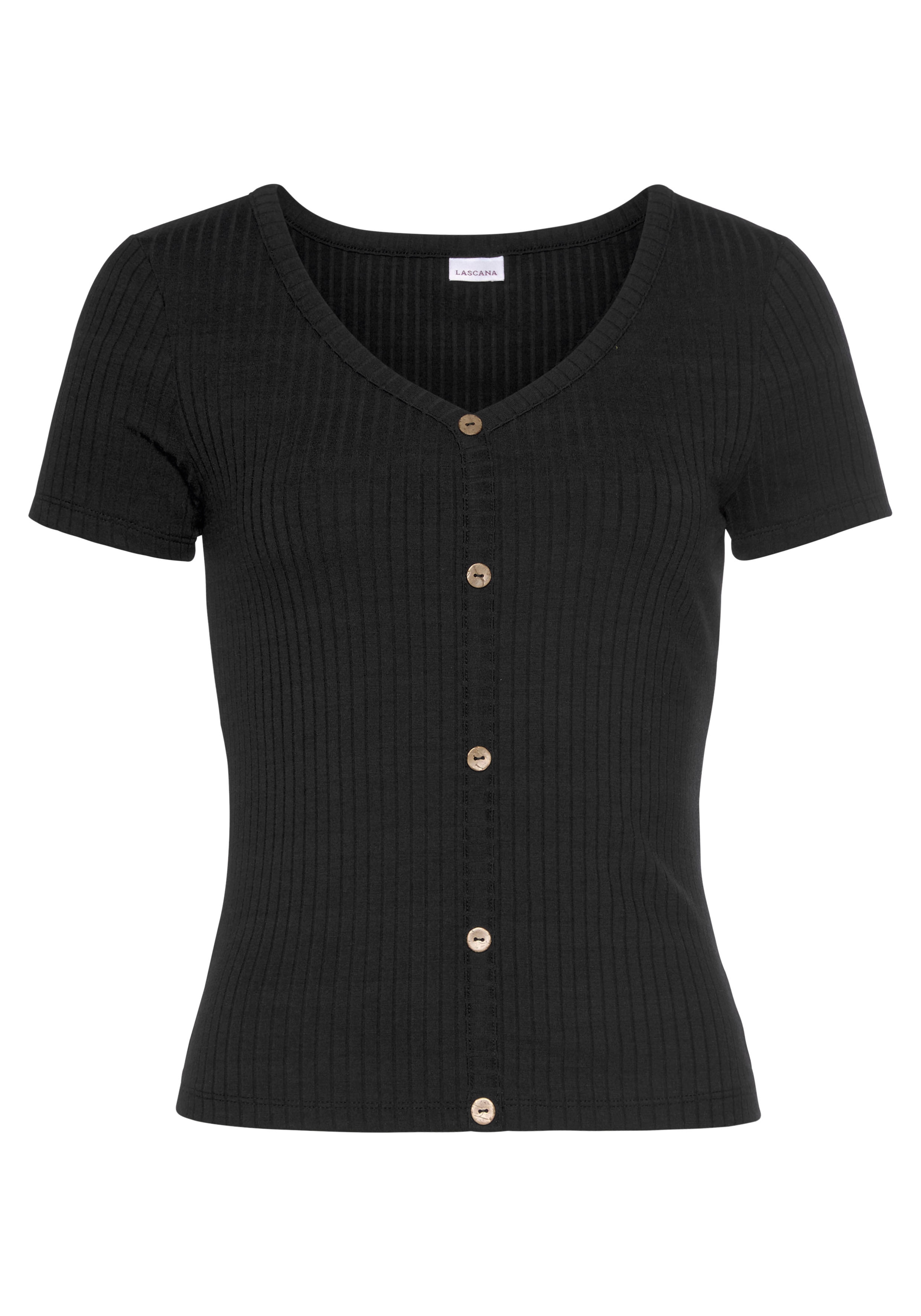 LASCANA Kurzarmshirt aus Rippware mit Zierknopfleiste, T-Shirt, V-Ausschnit günstig online kaufen