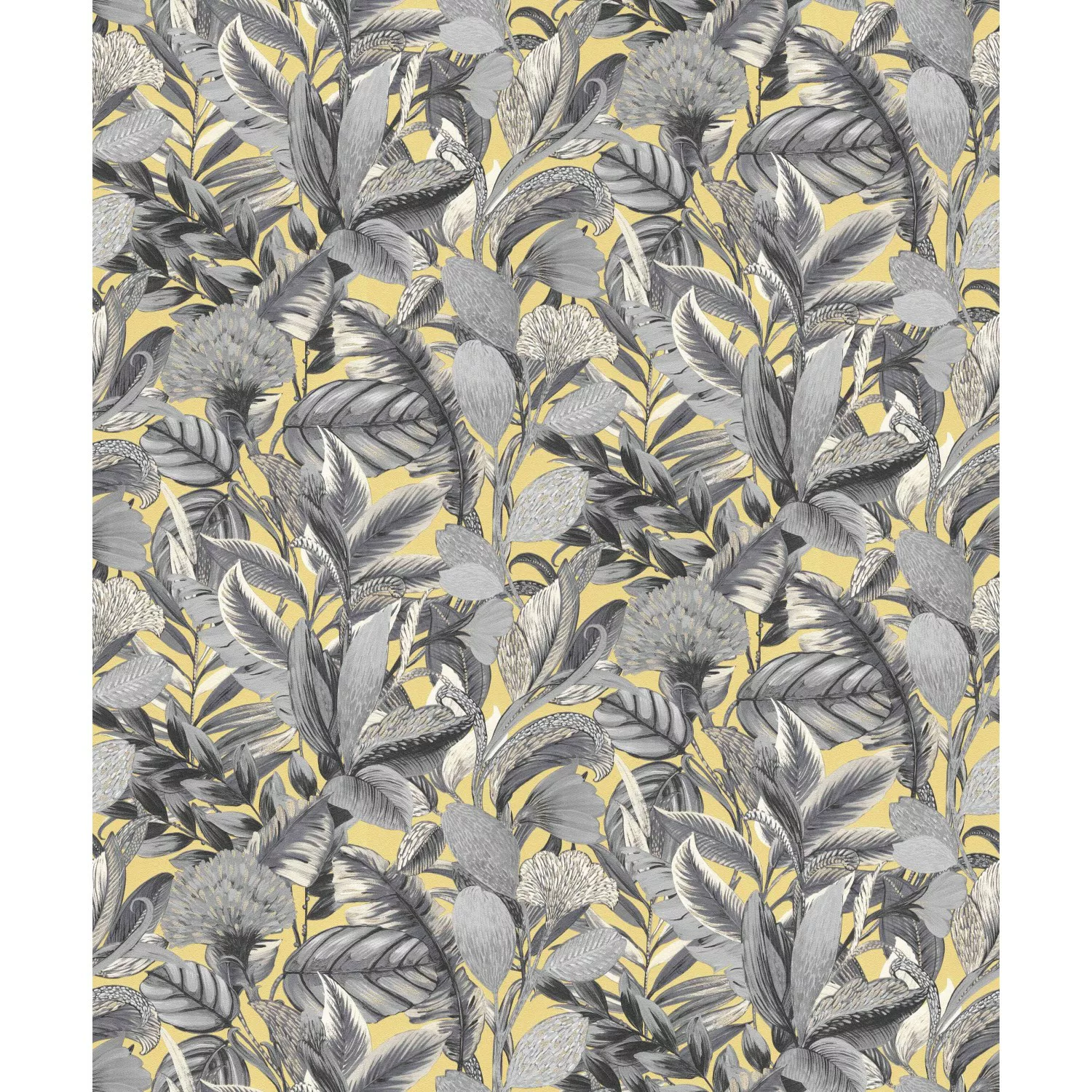 Bricoflor Palmenblätter Tapete in Gelb Grau Kunst Vliestapete mit Dschungel günstig online kaufen