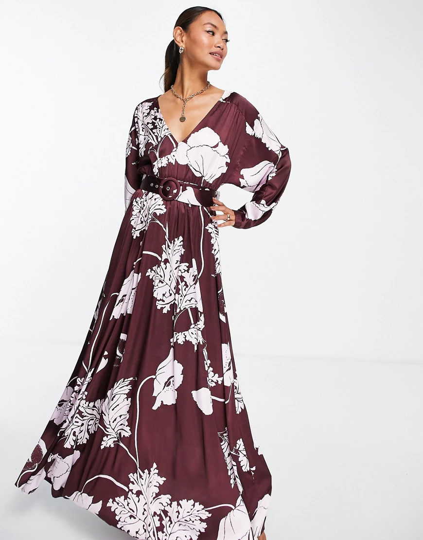 ASOS DESIGN – Maxi-Freizeitkleid aus Satin in Lila mit Fledermausärmeln, Gü günstig online kaufen