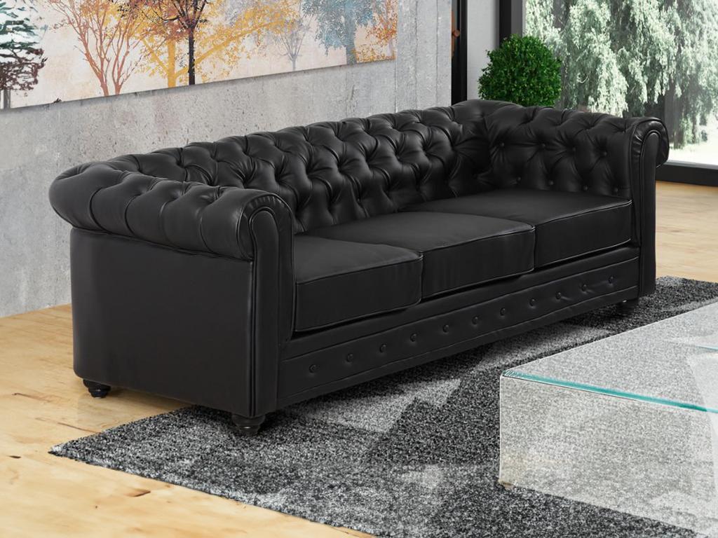 Sofa 3-Sitzer - Kunstleder - Schwarz - CHESTERFIELD günstig online kaufen