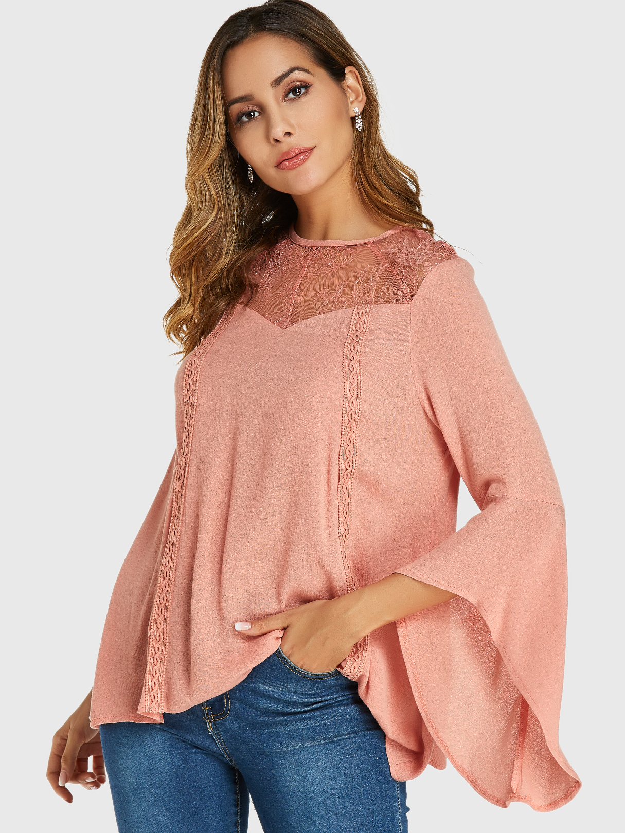 YOINS Pink Lace Insert Glockenärmel Bluse günstig online kaufen