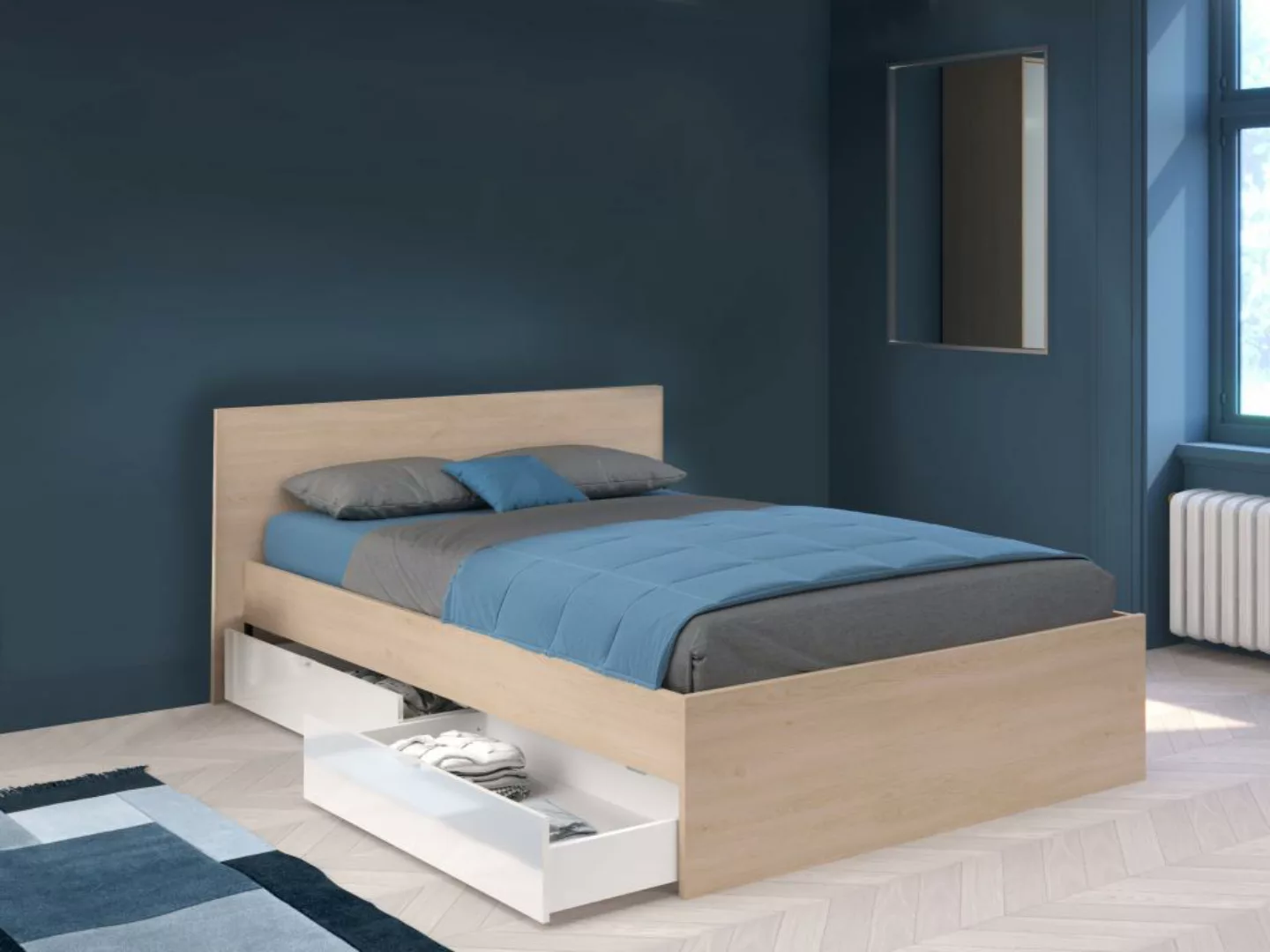 Bett mit 2 Schubladen - 140 x 190 cm - Holzfarben & glänzend weiß - VELONA günstig online kaufen