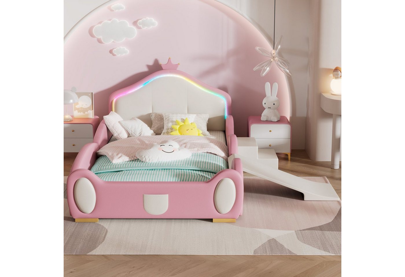 Ulife Kinderbett Polsterbett mit kleiner Rutsche und Treppe, PU, Rosa + Bei günstig online kaufen