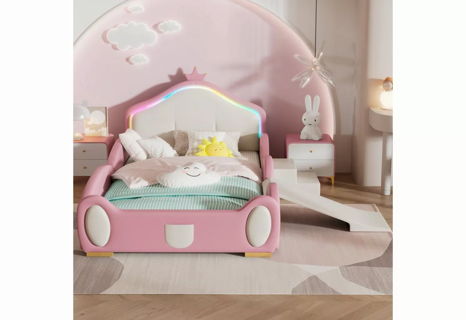 Ulife Kinderbett Polsterbett mit kleiner Rutsche und Treppe, PU, Rosa + Bei günstig online kaufen