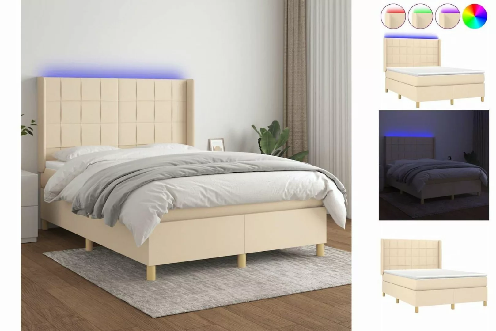 vidaXL Bettgestell Boxspringbett mit Matratze LED Creme 140x190 cm Stoff Be günstig online kaufen