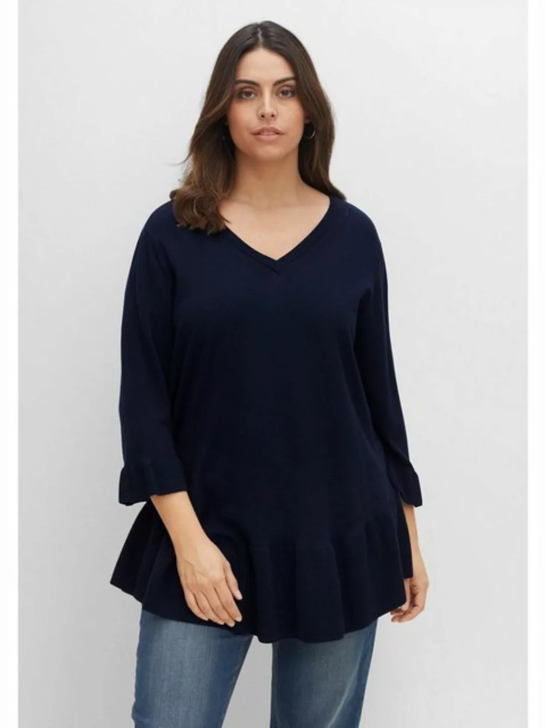 Sheego V-Ausschnitt-Pullover Große Größen mit 3/4-Arm und Volants günstig online kaufen