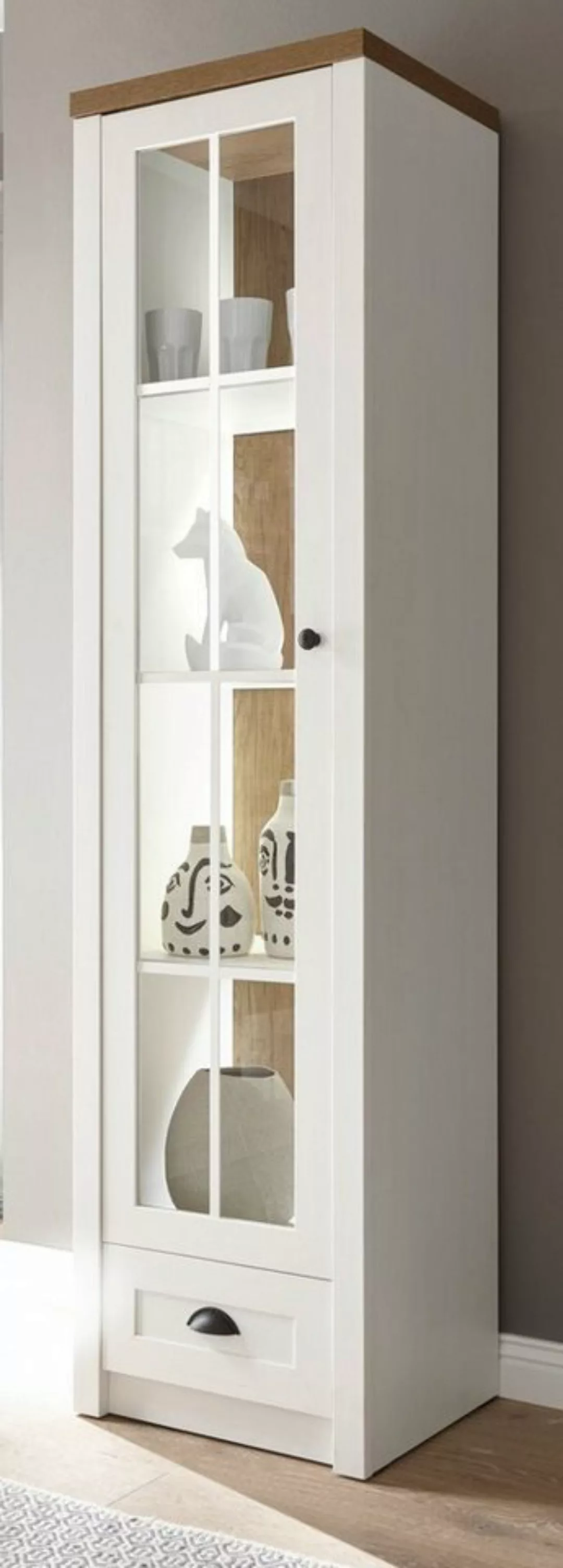 Furn.Design Stauraumvitrine Seyne (Vitrinenschrank in Pinie weiß und Eiche, günstig online kaufen