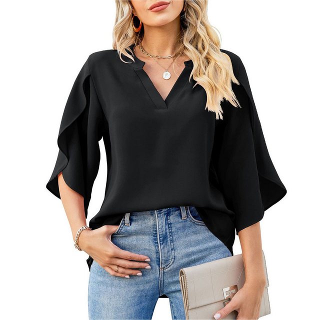 Zoclack Chiffonbluse Damen Chiffonshirt mit V-Ausschnitt und Rüschenärmeln günstig online kaufen