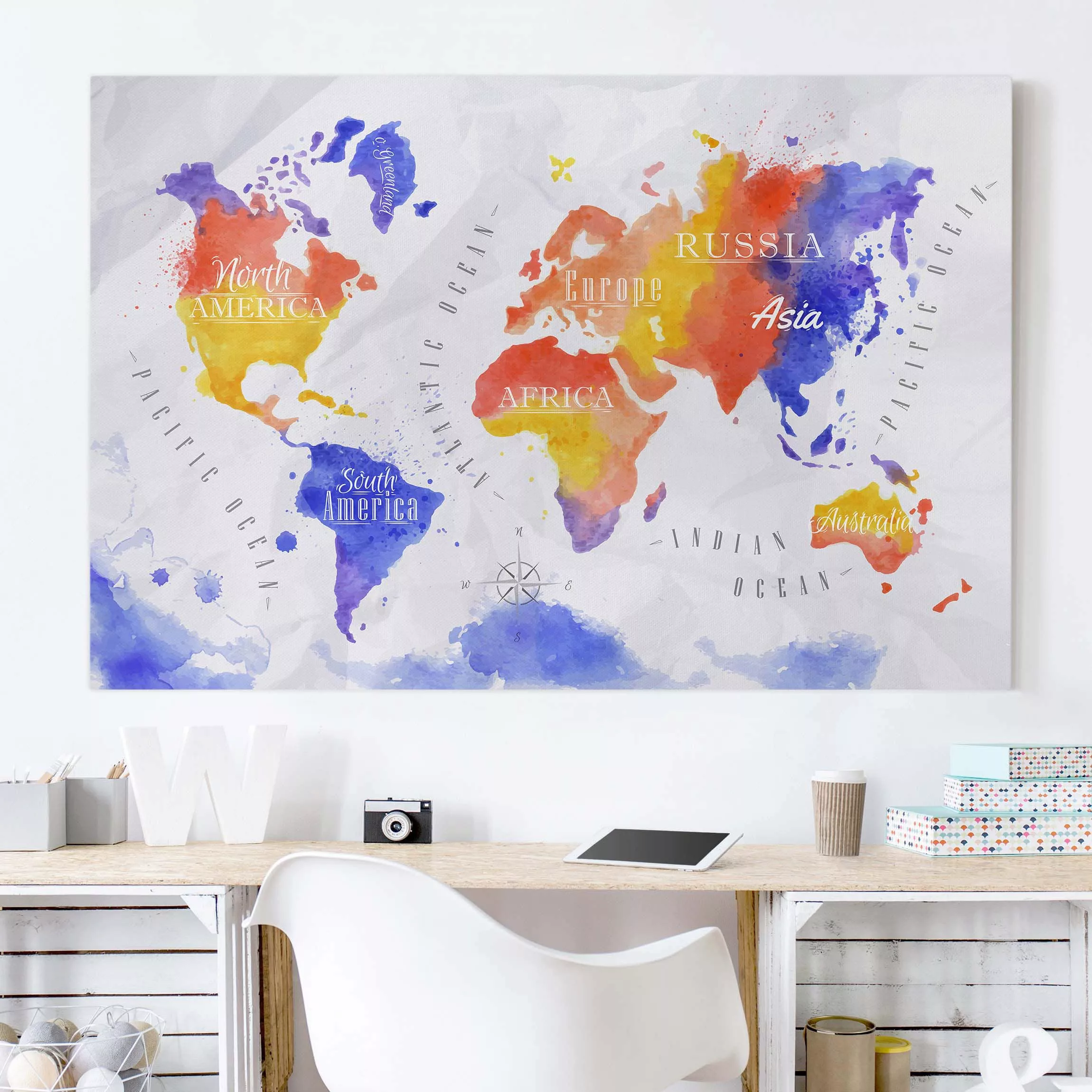 Leinwandbild Weltkarte - Querformat Weltkarte Aquarell violett rot gelb günstig online kaufen