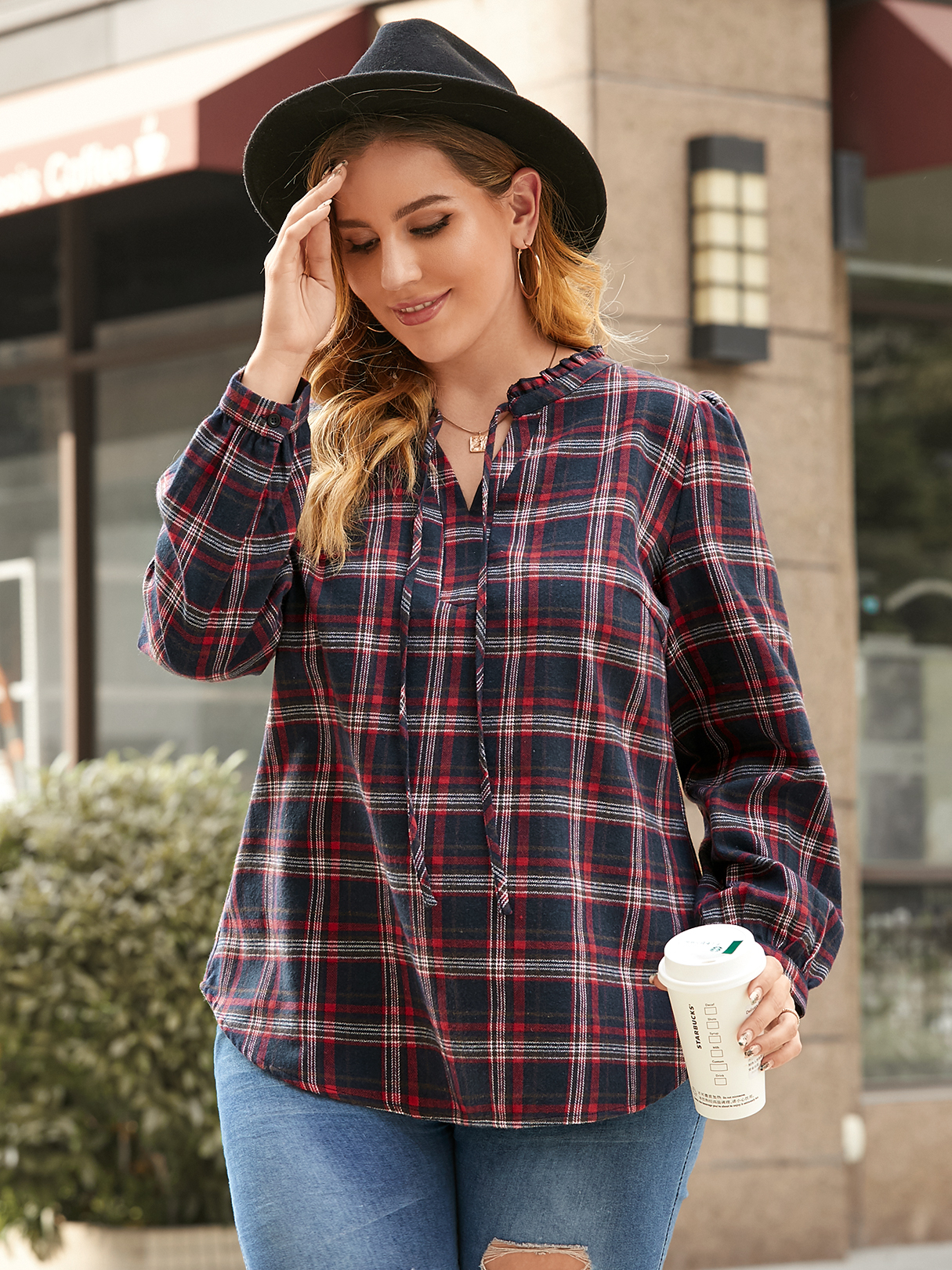 YOINS Plus Größe V-Ausschnitt Plaid Tie-up Design Lange Ärmel Bluse günstig online kaufen