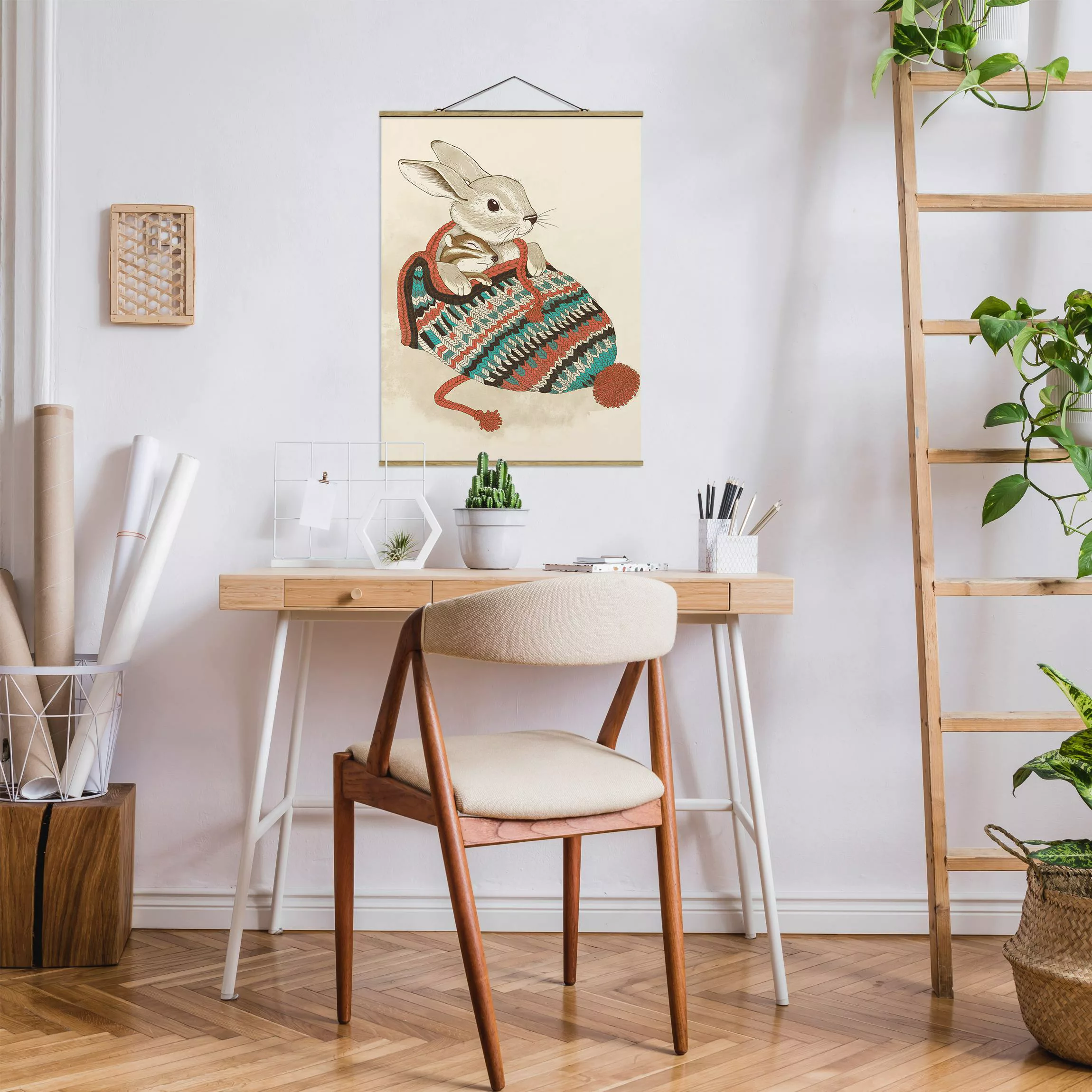 Stoffbild Tiere mit Posterleisten - Hochformat Illustration Kuschelnder Has günstig online kaufen