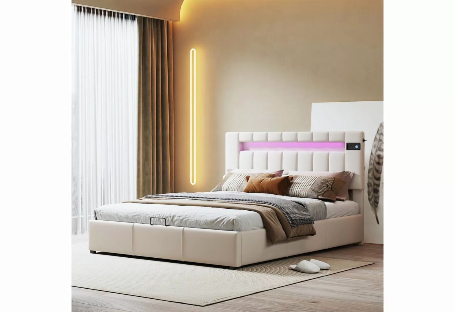 Celya Polsterbett Doppelbett 140x200cm mit LED-Lichtleiste, Lattenrost und günstig online kaufen