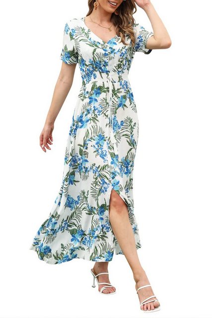 JDMGZSR Strandkleid Damen Sommerkleid Blumenmuster Druckkleid V-Ausschnitt günstig online kaufen