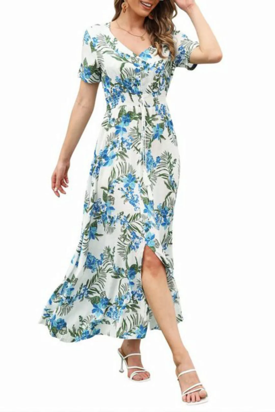 JDMGZSR Strandkleid Damen Sommerkleid Blumenmuster Druckkleid V-Ausschnitt günstig online kaufen