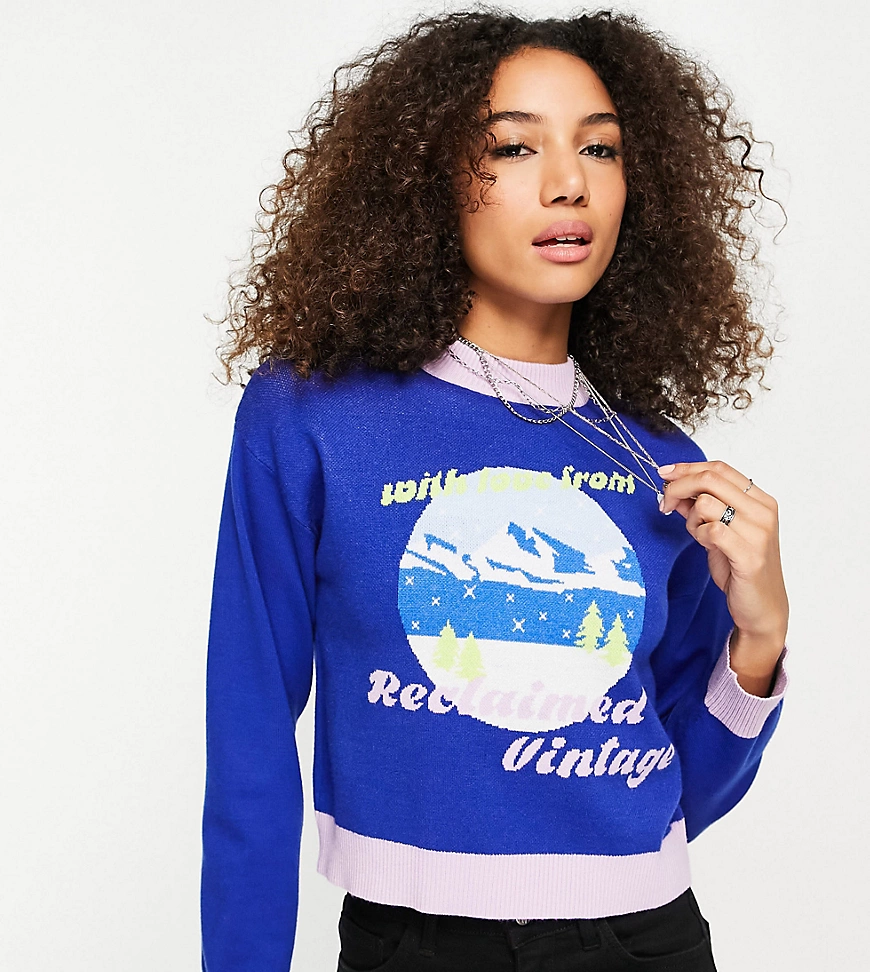 Reclaimed Vintage Inspired – Pullover mit Ski-Print in Blau günstig online kaufen