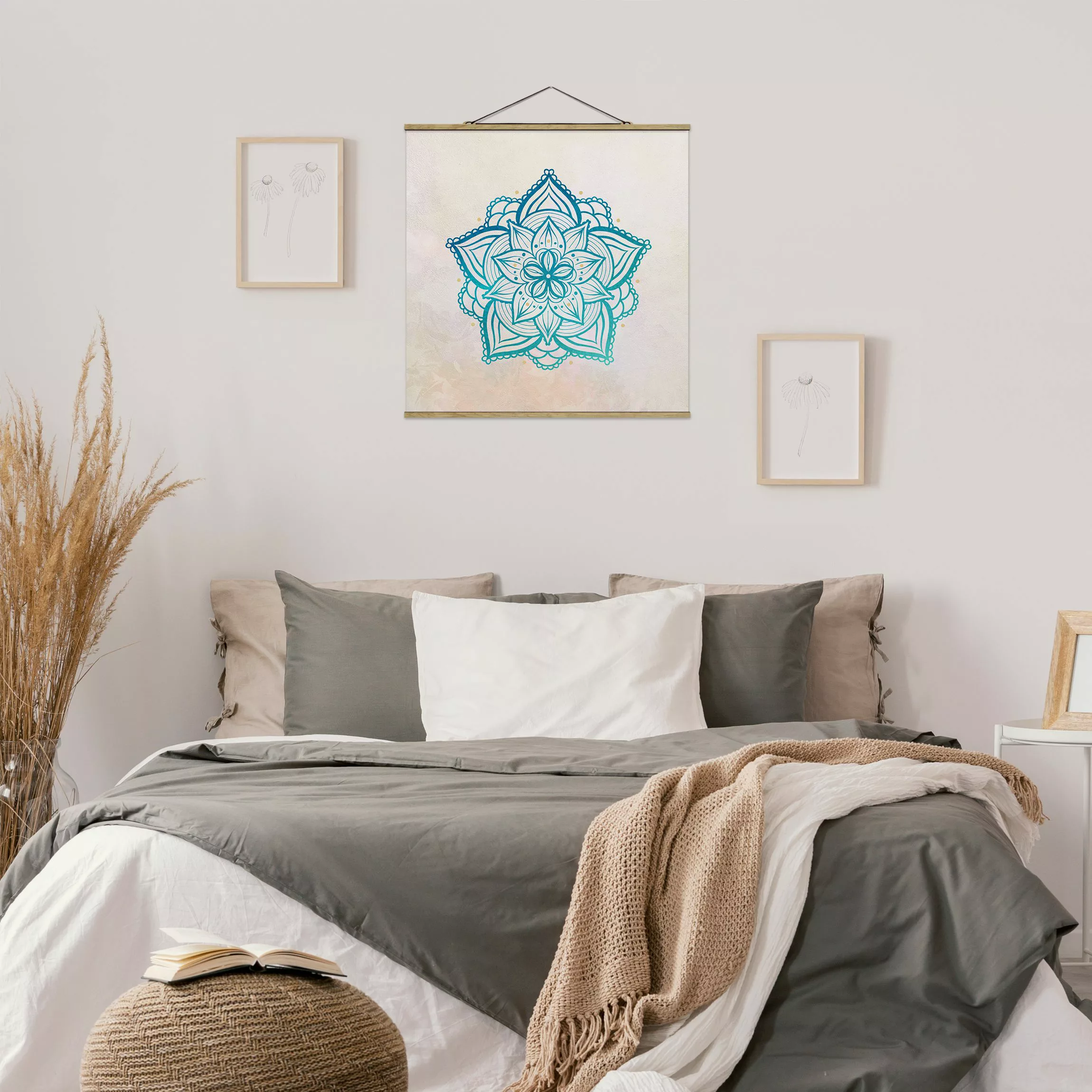Stoffbild Mandala mit Posterleisten - Quadrat Mandala Hamsa Hand Lotus Set günstig online kaufen