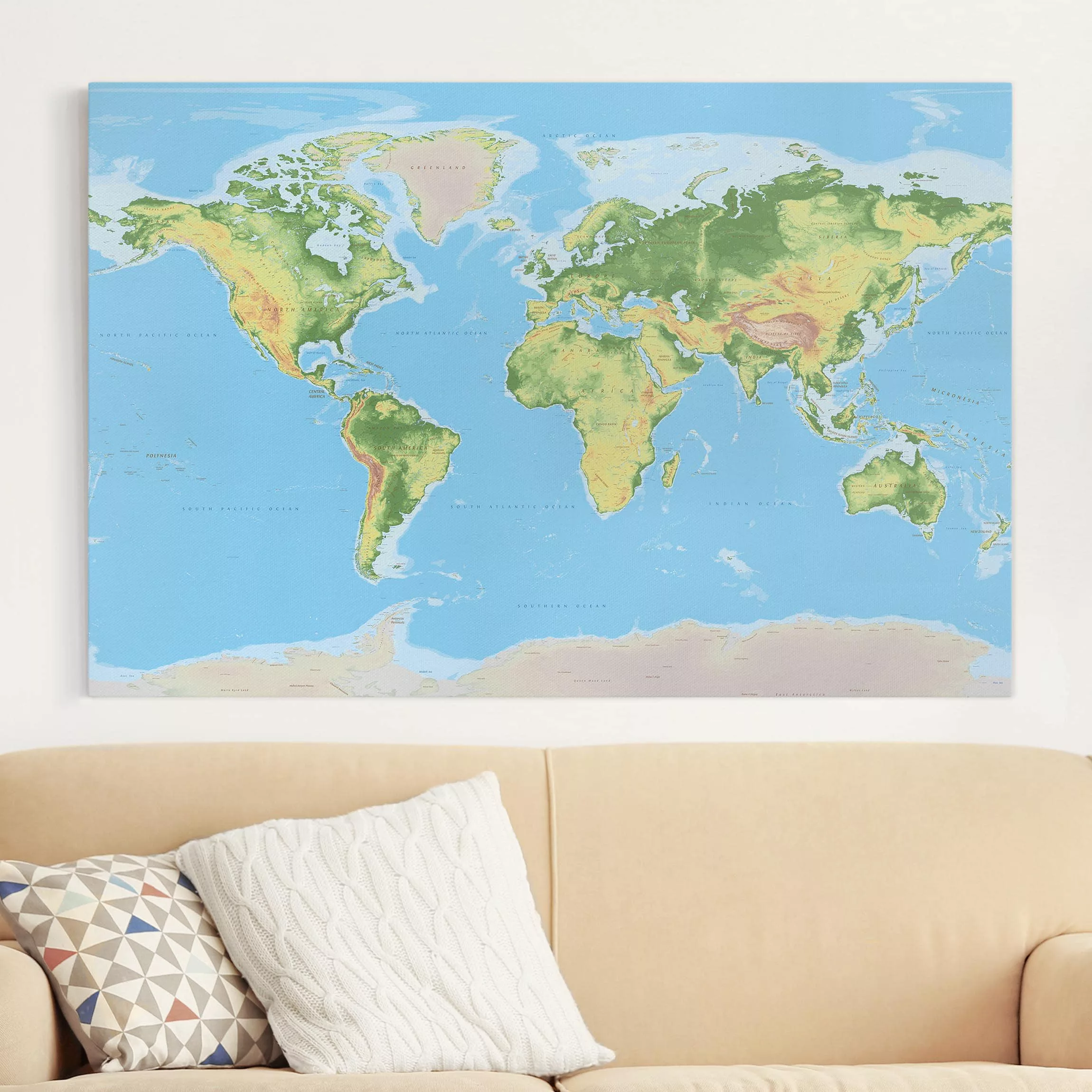 Leinwandbild Weltkarte - Querformat Physische Weltkarte günstig online kaufen