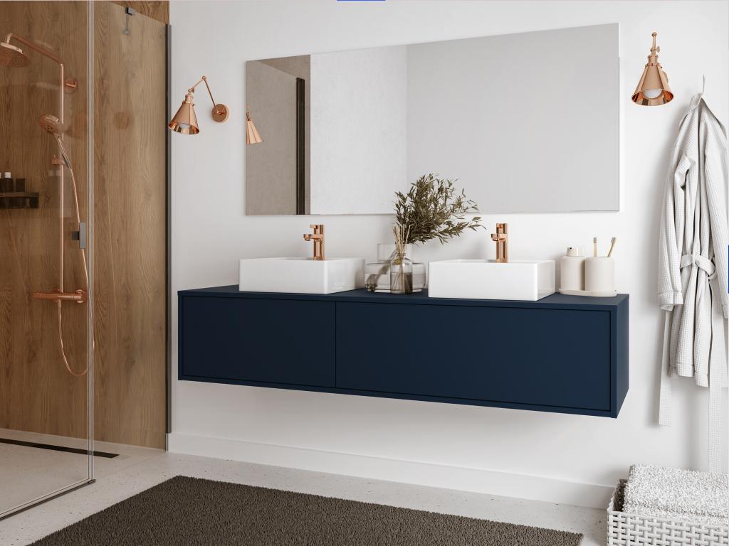 Waschbeckenunterschrank hängend mit Doppelwaschbecken - Dunkelblau - 150 cm günstig online kaufen