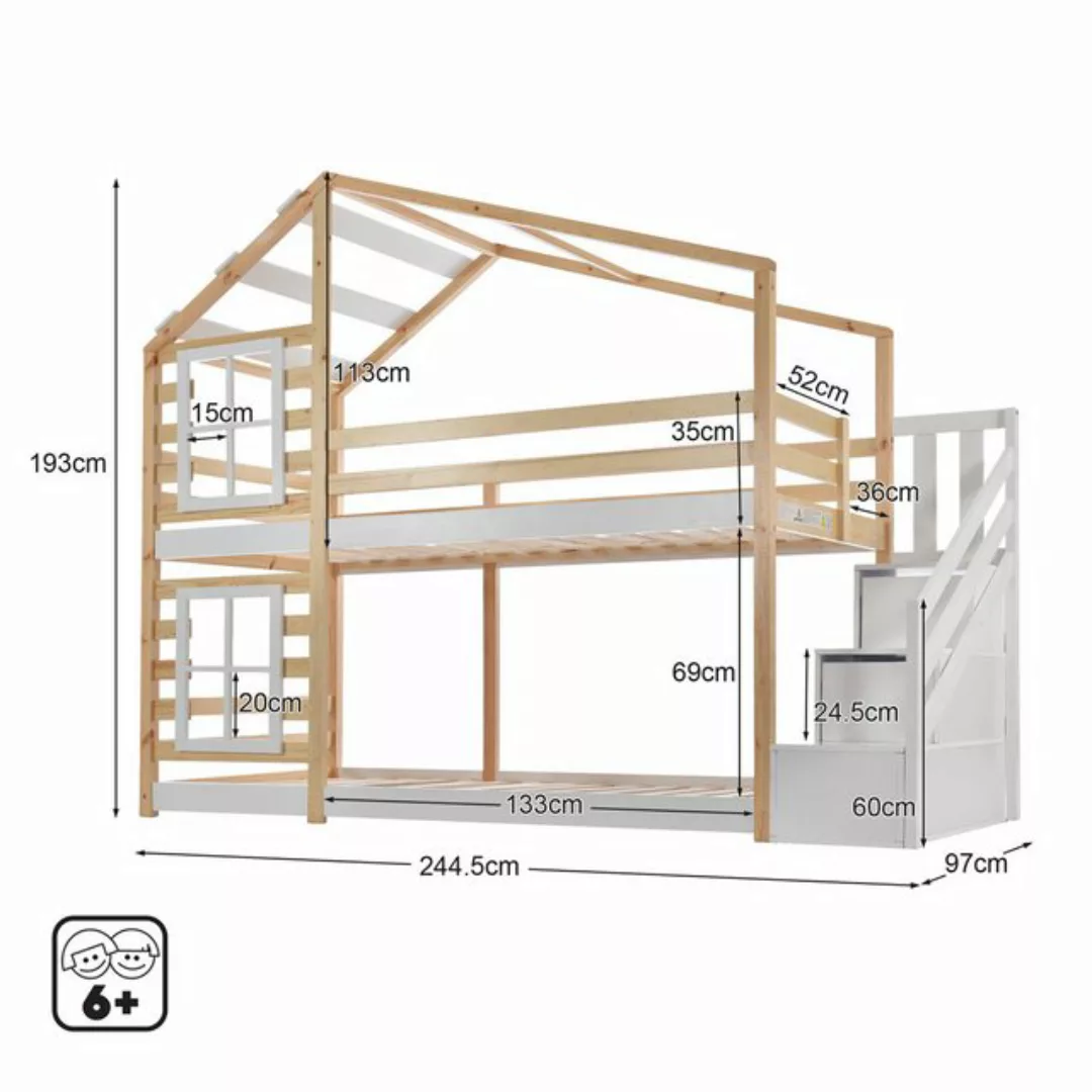 Loywe Etagenbett Holzbett mit Schublade und Fenster (Baumhaus Bett, 1-St., günstig online kaufen