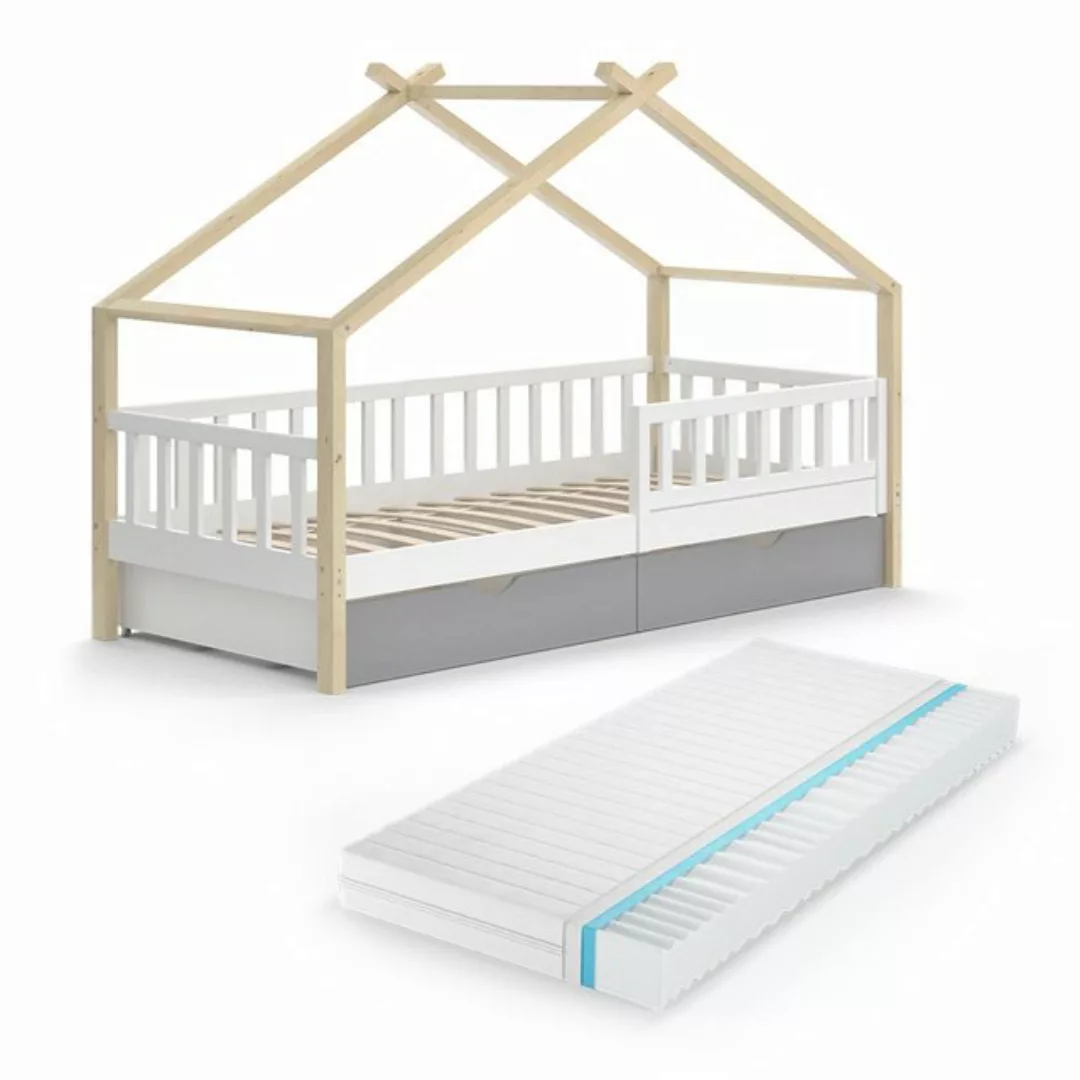 Vicco Kinderbett Hausbett Einzelbett 90x200cm DESIGN Natur Weiß Matratze günstig online kaufen
