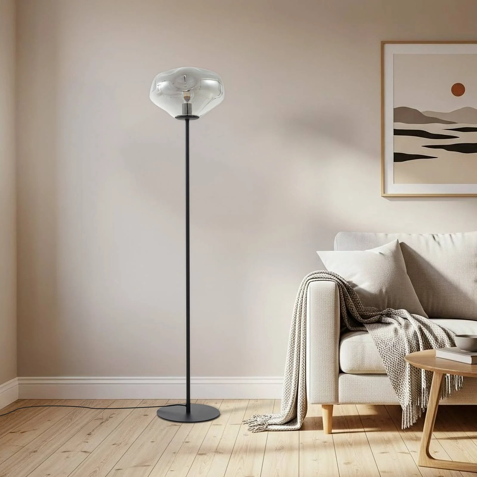 Lindby Stehleuchte Lelia, rauchgrau, Glas, Metall, 150 cm günstig online kaufen