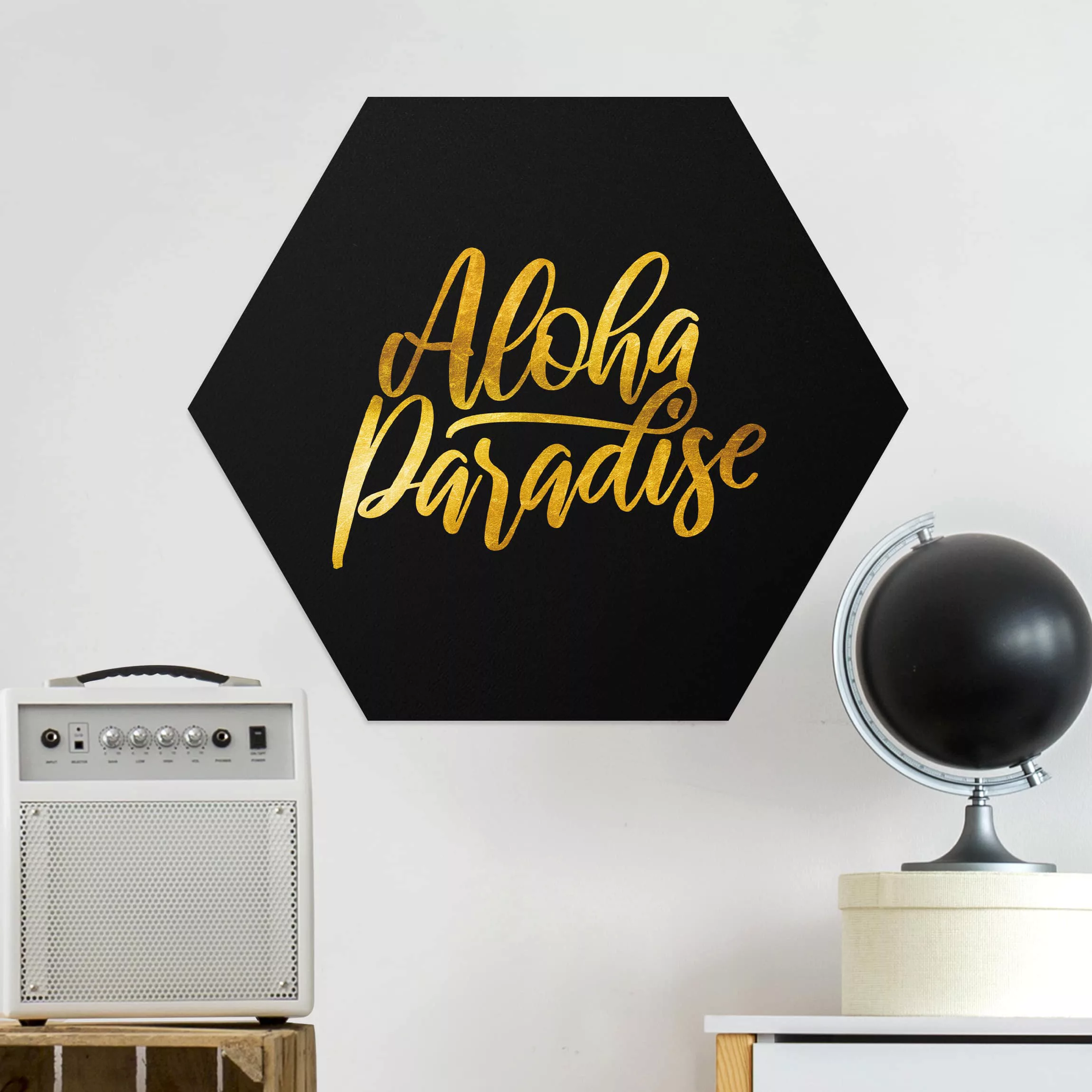 Hexagon-Alu-Dibond Bild Spruch Gold - Aloha Paradise auf Schwarz günstig online kaufen