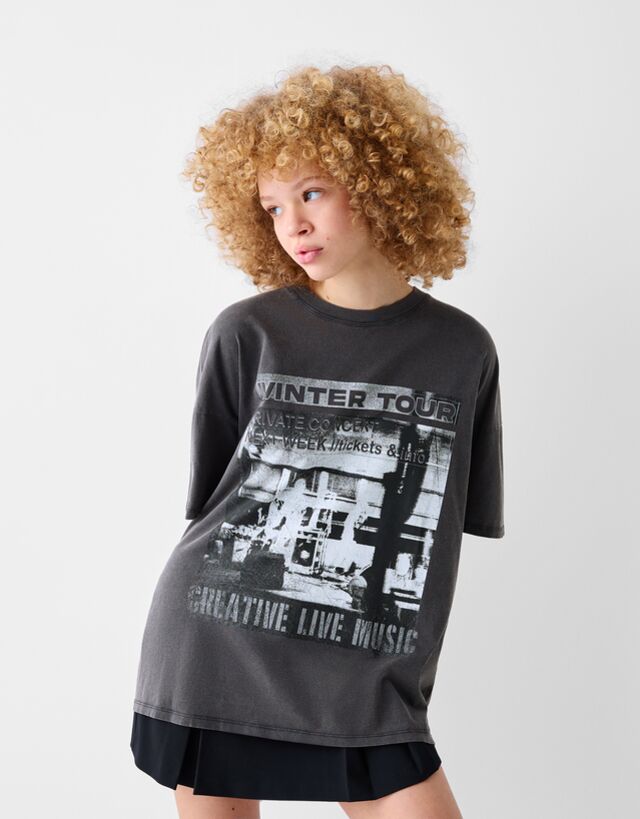 Bershka T-Shirt Mit Print Bskteen L Grau günstig online kaufen