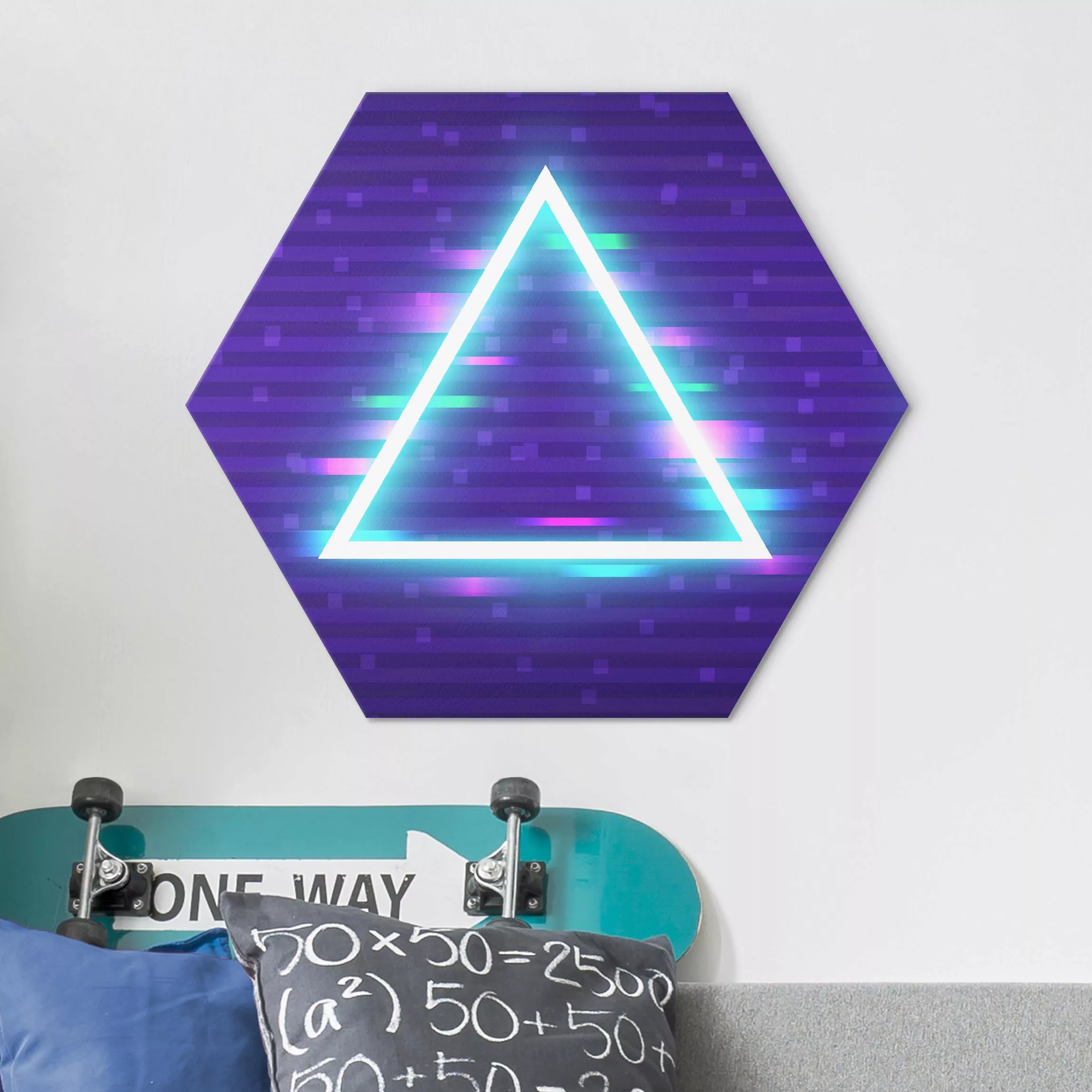 Hexagon-Alu-Dibond Bild Geometrisches Dreieck in Neonfarben günstig online kaufen