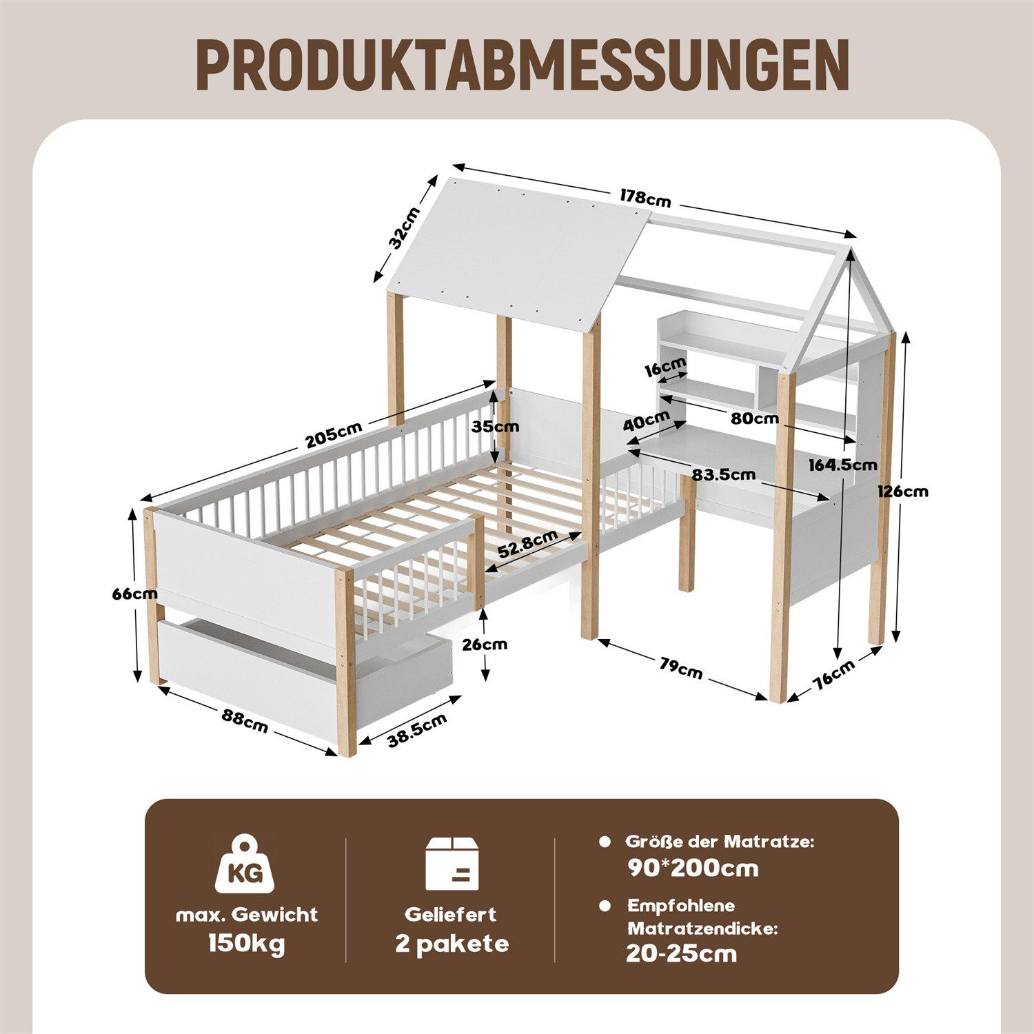 GLP Kinderbett Jugendbett,Multifunktionales Massivholzbett,90 x 200cm, günstig online kaufen