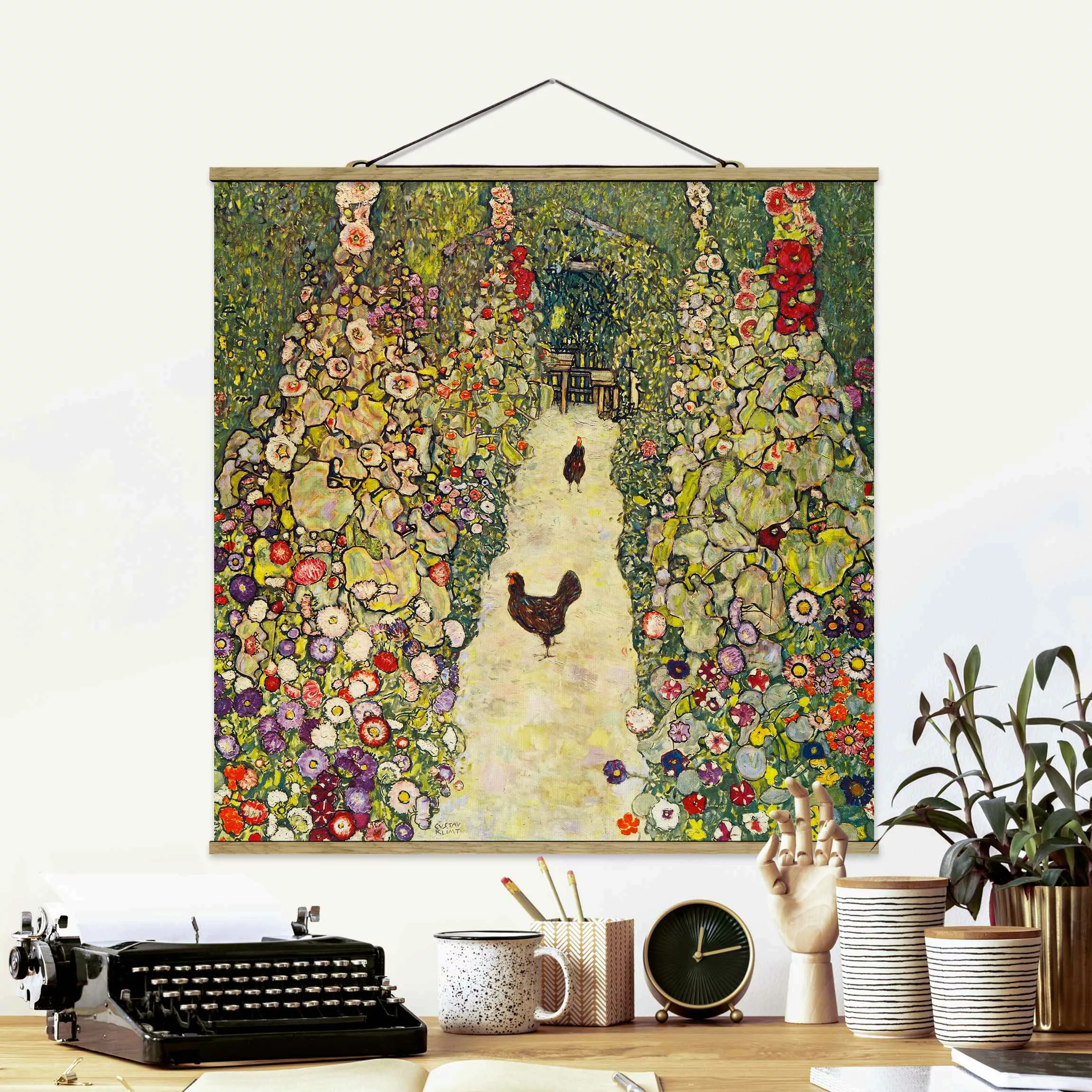 Stoffbild Kunstdruck mit Posterleisten - Quadrat Gustav Klimt - Gartenweg m günstig online kaufen