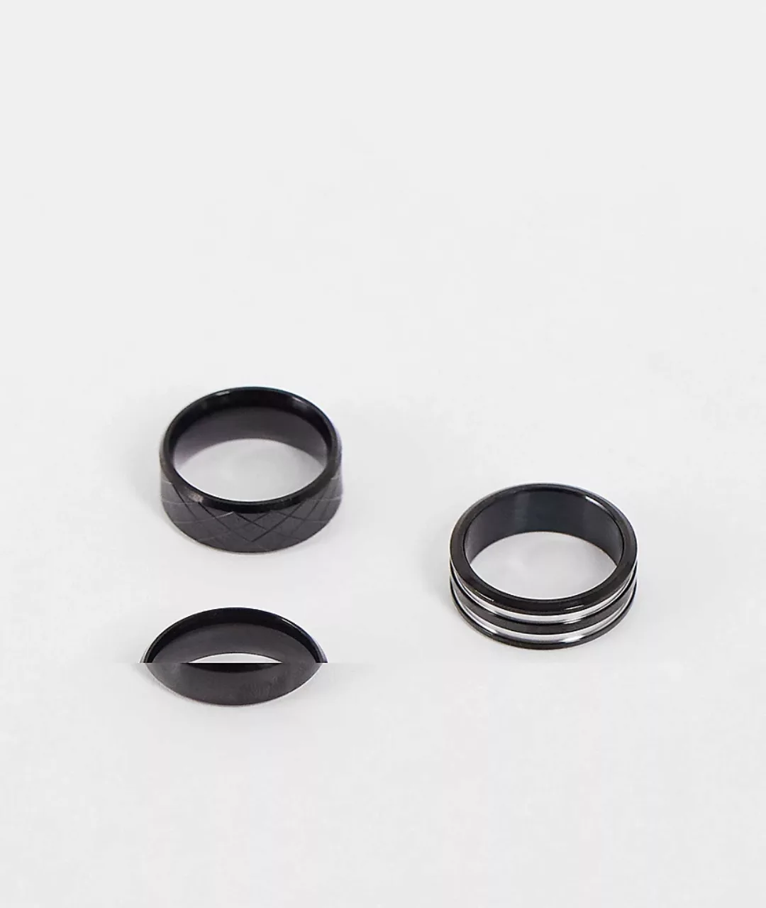 ASOS DESIGN – 3er-Set Ringe aus Edelstahl in Silberoptik mit Akzenten in Sc günstig online kaufen
