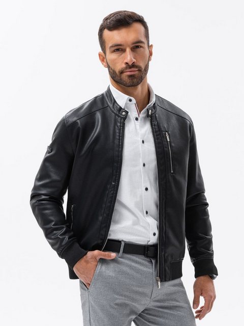 OMBRE Lederimitatjacke Herren-Kunstlederjacke mit geripptem Saum - schwarz günstig online kaufen